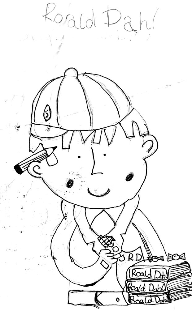 A child's pen drawing of Roald Dahl in a school cap with a pencil behind his ear and a stack of his books